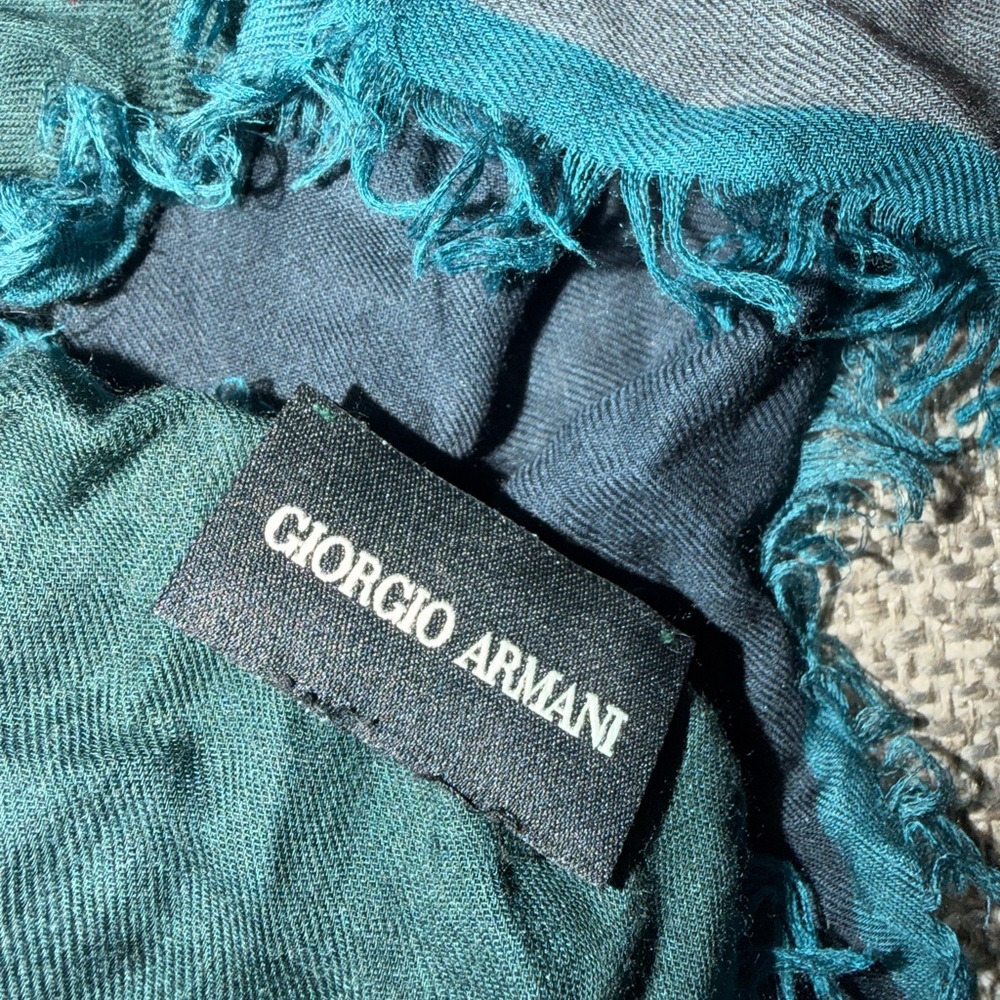 Giorgio Armani Teal and Blue and Grey Fringed Silk Blend Men’s Scarf - Picture 3 of 6